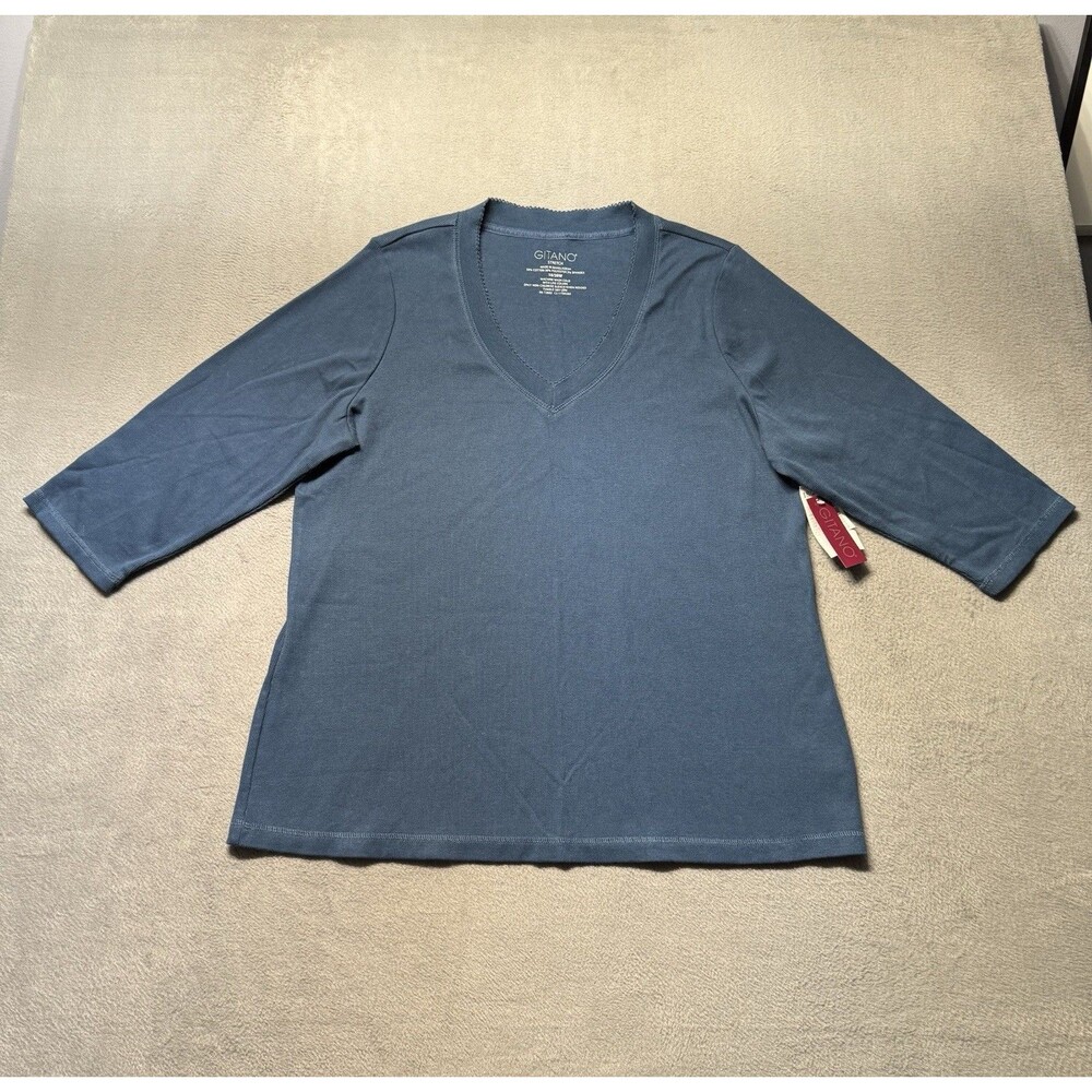 Gitano Womens Plus 18/20W V Neck Top Blue Stretch 3/4 Sleeve Casual Shirt NWT